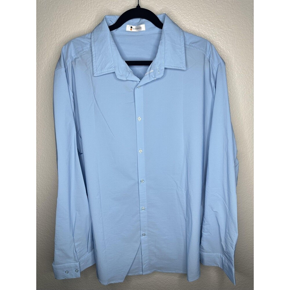 Beotyshow Shirt Mens 2XL Light Blue Button Front Long Sleeve Nylon Casual Dress